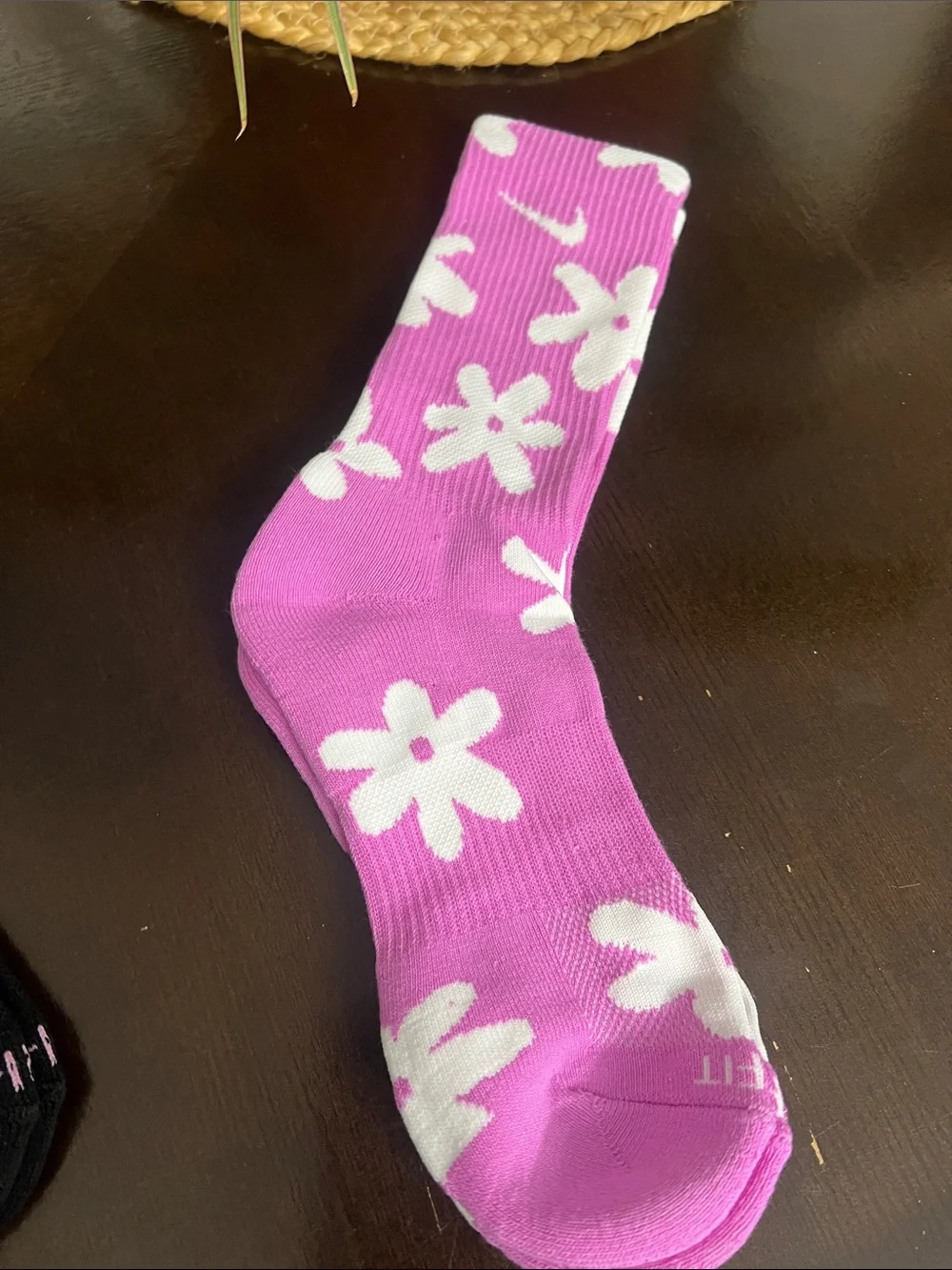 Nike Black & Pink Floral Swoosh Crew Socks - Mismatched Pair